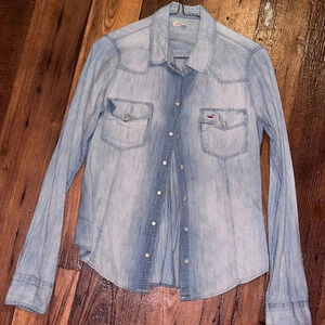 Hollister Women Denim Chambray button up‎ long sleeve shirt size XS